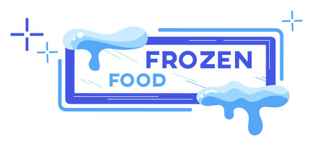 Blue white graphic frozen food text ice symbolizing cold. Frozen food sign illustration shades blue suggesting chill. Graphic representing category, cool temperature indicationのイラスト素材