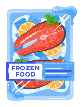 Illustration depicts salmon fish plastic tray packaging. Frozen seafood product ice lemon slices illustration. Cartoon style frozen salmon fish labelのイラスト素材
