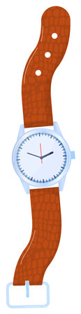 Bent wristwatch vector design exaggerated twist. Brown leather strap white dial distorted clock. Cartoon warped timepiece isolated white backgroundのイラスト素材