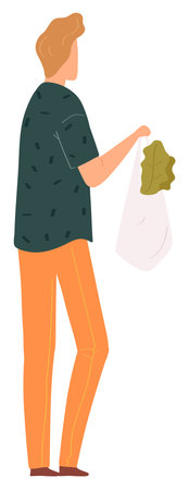 Young man, casual outfit, holding tote bag, vegetable shopping, side view. Male figure, orange pants, patterned shirt, grocery carrying, isolated white background. Illustrated character, brown hairのイラスト素材