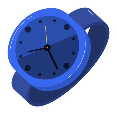 Abstract digital watch featuring round blue face minute hour hands, strap matching shades. Sleek modern wristwatch isolated white background fashionable, trendy style. Clear, flat design idealのイラスト素材