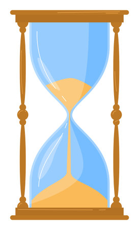 Antique sand hourglass timer golden sands flowing through blue glass. Middle wooden pillars support...