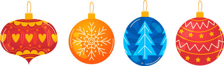 Festive colorful Christmas ornaments decorate holiday season. Decorative red blue baubles hearts, snowflakes, trees, stars patterns isolated white background. Vibrant holiday style vectorのイラスト素材