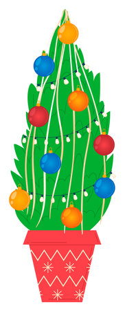 Potted Christmas tree adorned colorful baubles, festive lights. Small decorated evergreen plant suitable holiday decorations, indoor use. Red pot festive patterns, green tree isolatedのイラスト素材
