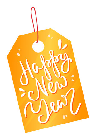 Cheerful yellow tag, handwriting, holiday message, festive design. Isolated white background, vibrant colors. Perfect celebrations special occasions. Bright yellow label, handwritten Happy New Yearのイラスト素材