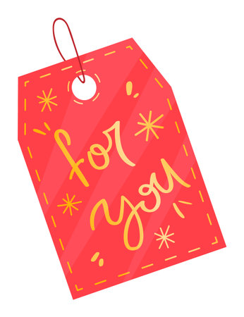Red gift tag yellow handwritten joyful lettering You. Pink label isolated white background package presents. Festive tag joyous message, giftgiving celebration decoration favorのイラスト素材