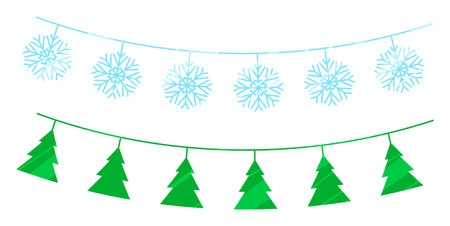 Winter festive garlands depicting light blue snowflakes hanging string. Green Christmas tree cutouts garland, both isolated against white background, used holiday decoration. Simple, graphicstyleのイラスト素材
