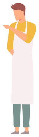 Man standing, wearing yellow shirt, white apron, gray pants, gray shoes, pointing side, isolated white background vector illustration. Chef, baker, cook exploring kitchen, food preparation, culinaryのイラスト素材