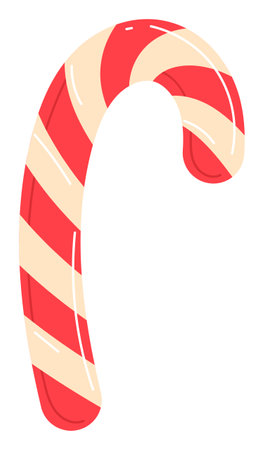 Red white striped candy cane icon. Traditional Christmas holiday confectionery. Isolated white background, vector, illustration, festive clip artのイラスト素材