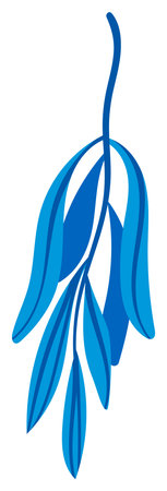 Abstract botanical illustration depicting blue leaves stem. Minimalist blue floral design featuring stylized plant elements. Contemporary art piece botanical shapes isolated white backgroundのイラスト素材