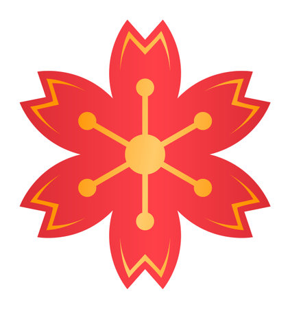 Red stylized flower design six petals featuring gradient yellow center yellow details radiating outward. Flower symmetrical, geometric, has sharp, pointed petals. Artwork displays vibrant colorsのイラスト素材