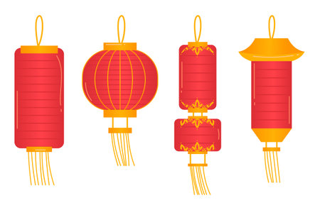 Festive Chinese lanterns various shapes red yellow colors isolated white background. Traditional decorative Asian festival ornaments celebrate Lunar New Year. Cultural heritage elements hangingのイラスト素材