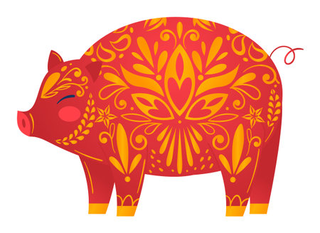 Decorative pig illustration vibrant floral patterns redyellow color scheme. Traditional folk art style intricate designs isolated white background. Ideal festive decor, cultural events, childrensのイラスト素材