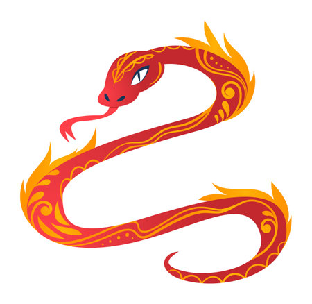 Illustration sinuous red serpent adorned flames vibrant yellow patterns isolated white background. Fiery mythical dragon Asian folklore design scales glowing decorations, twisting gracefullyのイラスト素材