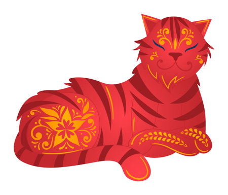 colorful red tiger illustration features intricate yellow floral leaf patterns vibrant tigers body, image uses bold stripes against isolated white background, suitable decoration tattoo inspirationのイラスト素材