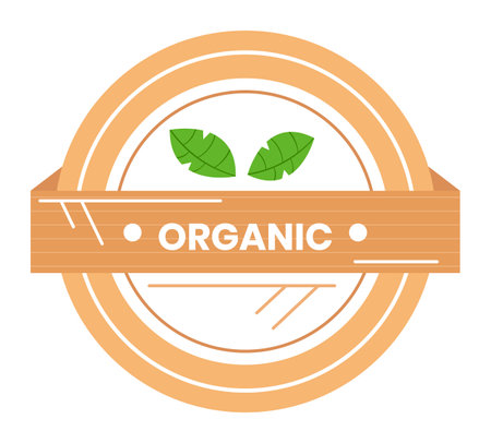 badge features two green leaves wooden banner reads Organic. Encircled emblem natural elements promoting organic, ecofriendly products. Isolated white background, clean design packagingのイラスト素材