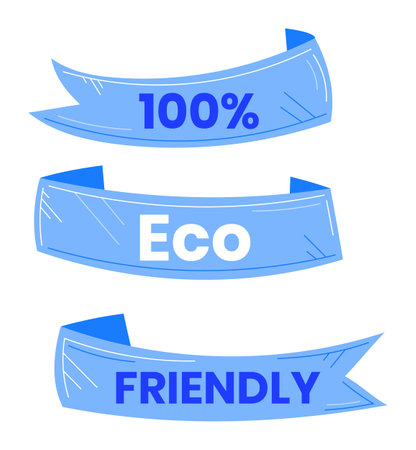 Three blue ribbons indicating commitment environmental conservation, ribbon labeled differently. Ribbons textured, slightly distressed look, conveying message sustainability. Bold white text blueのイラスト素材