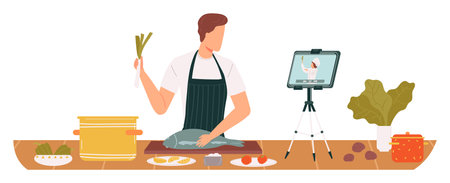 Man cooking fish live streaming tutorial, kitchen scene, online culinary class. Male chef prepares meal while filming viewers, modern cooking show concept. Cook teaches recipe, technologyのイラスト素材