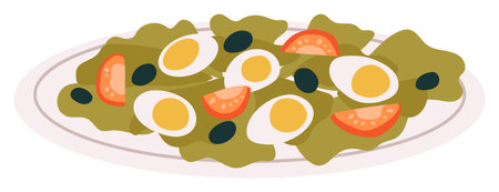 Fresh salad plate vector illustration. Boiled eggs, tomatoes, lettuce leaves plate. Healthy food concept digital artworkのイラスト素材
