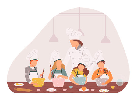 Chef teaching kids cooking class, children wearing aprons chef hats, cooking lesson. Happy kids...