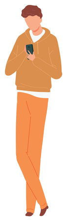 Young male smartphone casual clothing brown hoodie orange pants. Man texting walking isolated white background mobile phone user. Digital communication stylish outfit leisure activity illustrationのイラスト素材