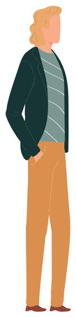 Casual man standing confident, modern casual attire. Young adult male curly hair, hands pockets. Stylish person, fashion illustration, side viewのイラスト素材