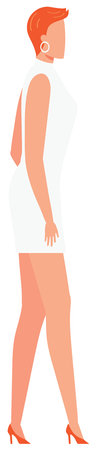 Redheaded woman walking confident modern fashion style. Stylish female orange hair sleeveless top heels side view. Elegant lady fashionista stride coral apparel isolated white backgroundのイラスト素材