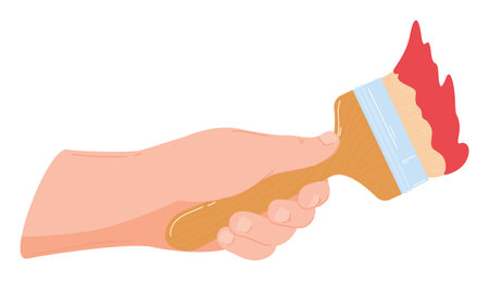 Hand holding paintbrush dripping red paint vector illustration isolated white background. Creative process painting wall home renovation artistic work. Paintbrush red paint home decor artwork toolのイラスト素材