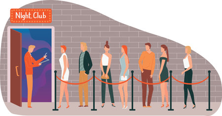 Queue diverse people waiting outside nightclub entrance, bouncer checking list. Men women evening...