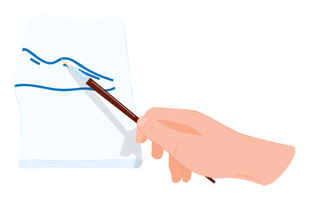 Hand holding pencil correcting line graph vector illustration. Edit fluctuating performance chart paper. Hand drafts adjustments downward trend financial report isolated white backgroundのイラスト素材