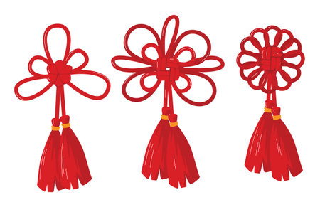 Red Chinese knots vector illustration isolated white background. Set three traditional Chinese knot tassels, Lunar New Year decor. Various intricate loops weaves forming auspicious symbolsのイラスト素材
