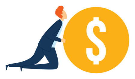 Businessman pushing large coin symbolizing financial effort. Midadult office worker exerting strength move money sign concept. Corporate struggle economic challenge flat designのイラスト素材