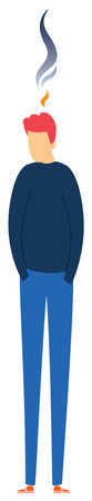 Illustration person thinking, smoke thought above head. Cartoon man dreaming, smoke cloud red beanie. Creative design conceptual idea, thinker visualizing aboveのイラスト素材