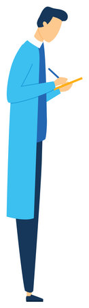 Male doctor writing medical chart blue scrubs isolated white background. Healthcare professional clipboard writing notes. Flat design cartoon vector graphic medicine occupationのイラスト素材