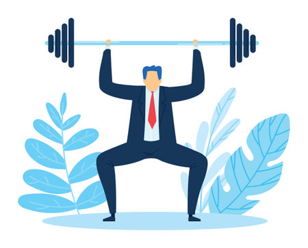Businessman lifting heavy barbell overhead, demonstrating strength. Cartoon male character suit performing weightlifting, showing determination success. Blue leaves accentuate fitness conceptのイラスト素材