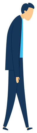 Depressed businessman walking head down blue suit isolated white background. Disappointed office worker formal wear feeling failure vector illustration. Sad man cartoon character professional attireのイラスト素材