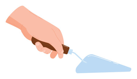 Hand squeezing toothpaste tube, blue paste extruded, simple daily routine. Flat design personal hygiene concept, toothpaste application, hand holding brown tube. Isolated white backgroundのイラスト素材