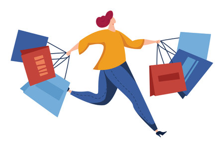Young adult rushing through sale shopping bags excitement. Consumer hurries take advantage store discounts bags hand. Shopper sprinting carrying shopping eager dealsのイラスト素材