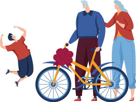 Young boy jumping excitedly beside decorated bike, parents smiling proud. Elderly couple admires...