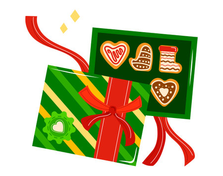 Christmas or Birthday celebration gingerbread box cake and sweet traditional design cartoon style vector illustration, icon isolated on white. Delicious dessert, gingerbread food element dinner decorationのイラスト素材
