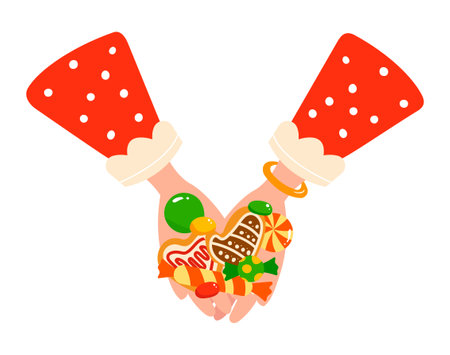 Christmas or Birthday celebration hands with candy and sweets, traditional design cartoon style vector illustration, icon isolated on white.のイラスト素材