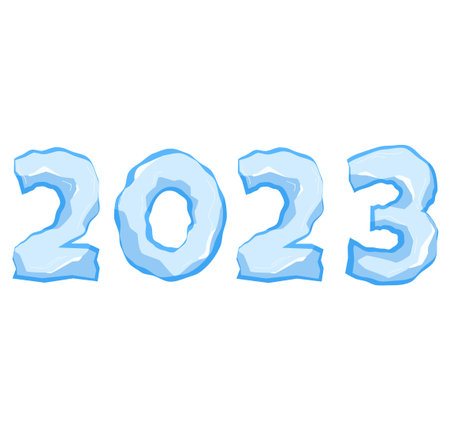 Numbers and symbols 2023 made from pieces of ice and snow chunks Christmas New Year big icebergs,...