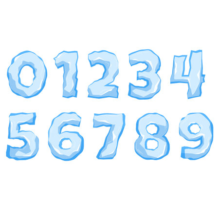 Numbers and symbols made from pieces of ice and snow chunks, big icebergs, severe frost elements for design cartoon style, vector illustration.のイラスト素材