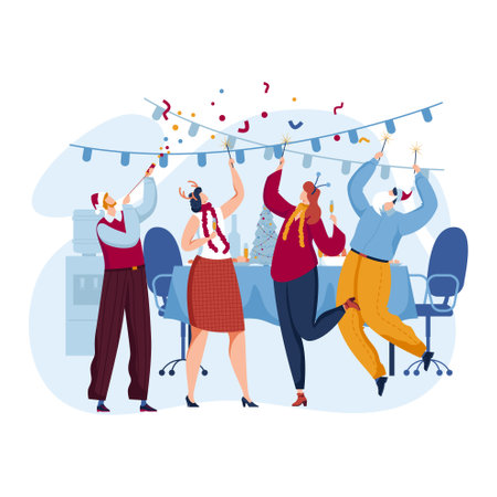 Dancing people party celebration Christmas, Happy New Year holiday, merry christmas. Family holiday people gift box cartoon style vector illustration.のイラスト素材