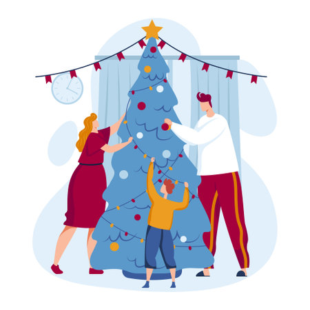 Happy family celebrate Christmas decorated tree at home, Happy New Year holiday, merry christmas. Family holiday people gift box cartoon style vector illustration.のイラスト素材