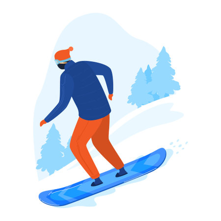 Winte rchristmas snowboard man sport man. Active snowboarding games cartoon style vector illustration isolated on white.のイラスト素材