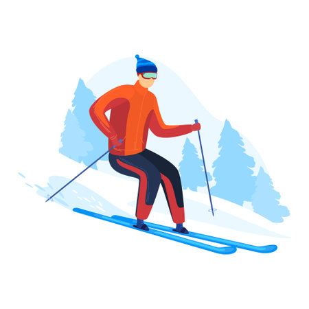 Winte rchristmas fun skiing skates outdoor games man. Skiing in winter, ice skating, playing outdoors, active season cartoon style vector illustration isolated on white.のイラスト素材