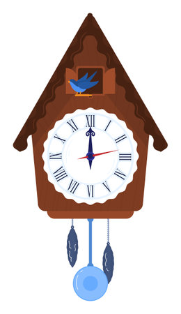 Brown wooden cuckoo clock blue bird emerging door. Roman numeral clock face dark blue hands. Two weights light pendulum hanging below clockのイラスト素材