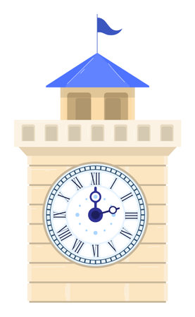 Digital representation classical clock tower, beige brick structure, large white clock face, blue roof, small flag, vector illustration. Ideal European architecture, historical landmarksのイラスト素材