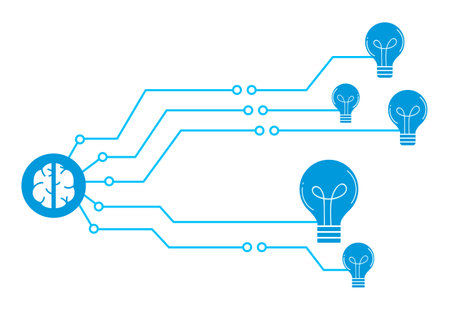 Blue circuit brain light. Digital minds blue lines brain circuit. Brainstorming lightbulb vector graphicのイラスト素材